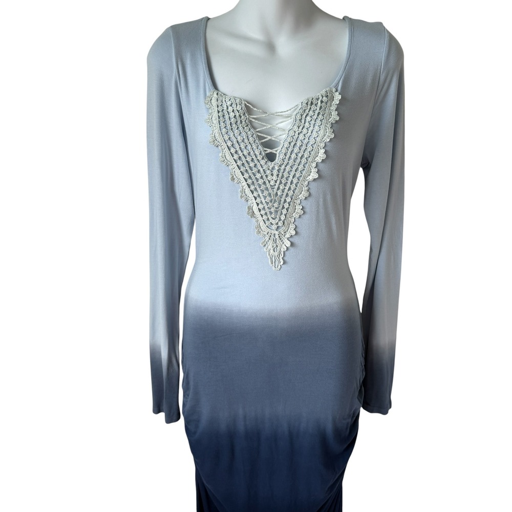 Venus Ruched Maxi Dress Women Sz M Blue Ombre Crochet Long Coastal Mermaidcore - Picture 2 of 16